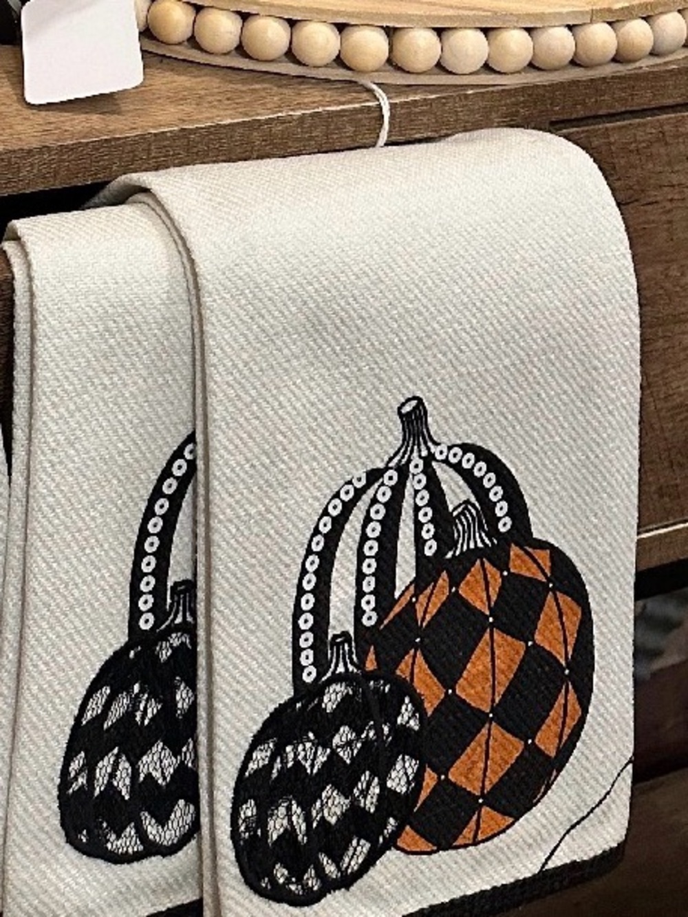 Fall Sequin Pumpkin Kitchen Towels - Black & Orange on Cream